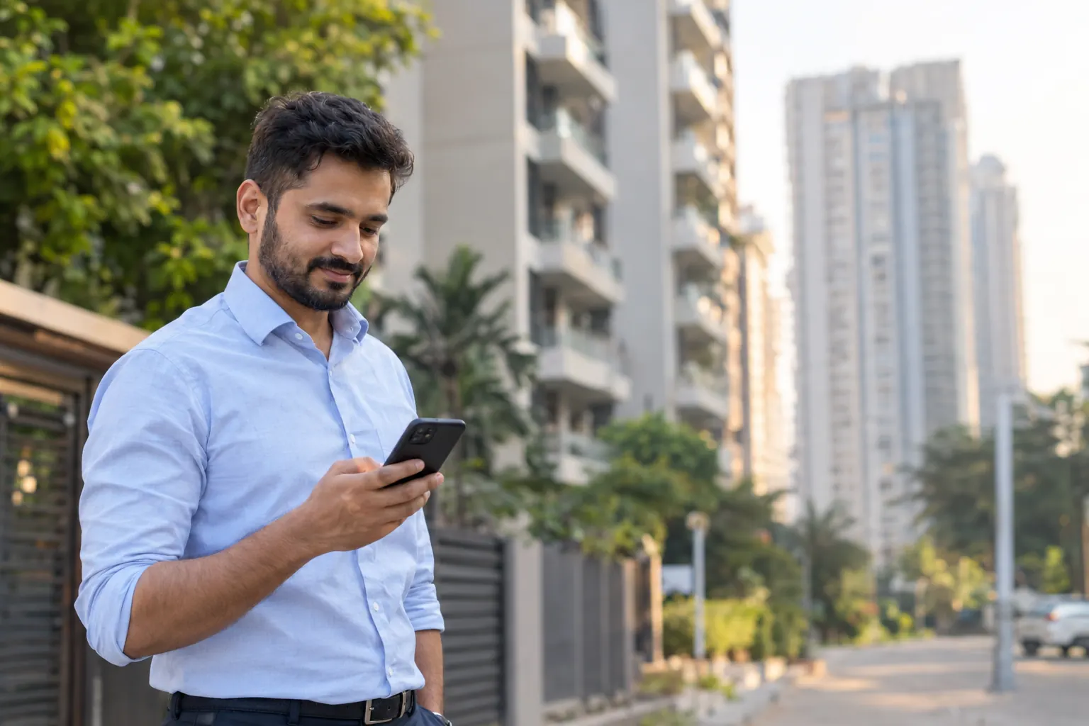 A broker checking a new lead on his phone outside a residential tower